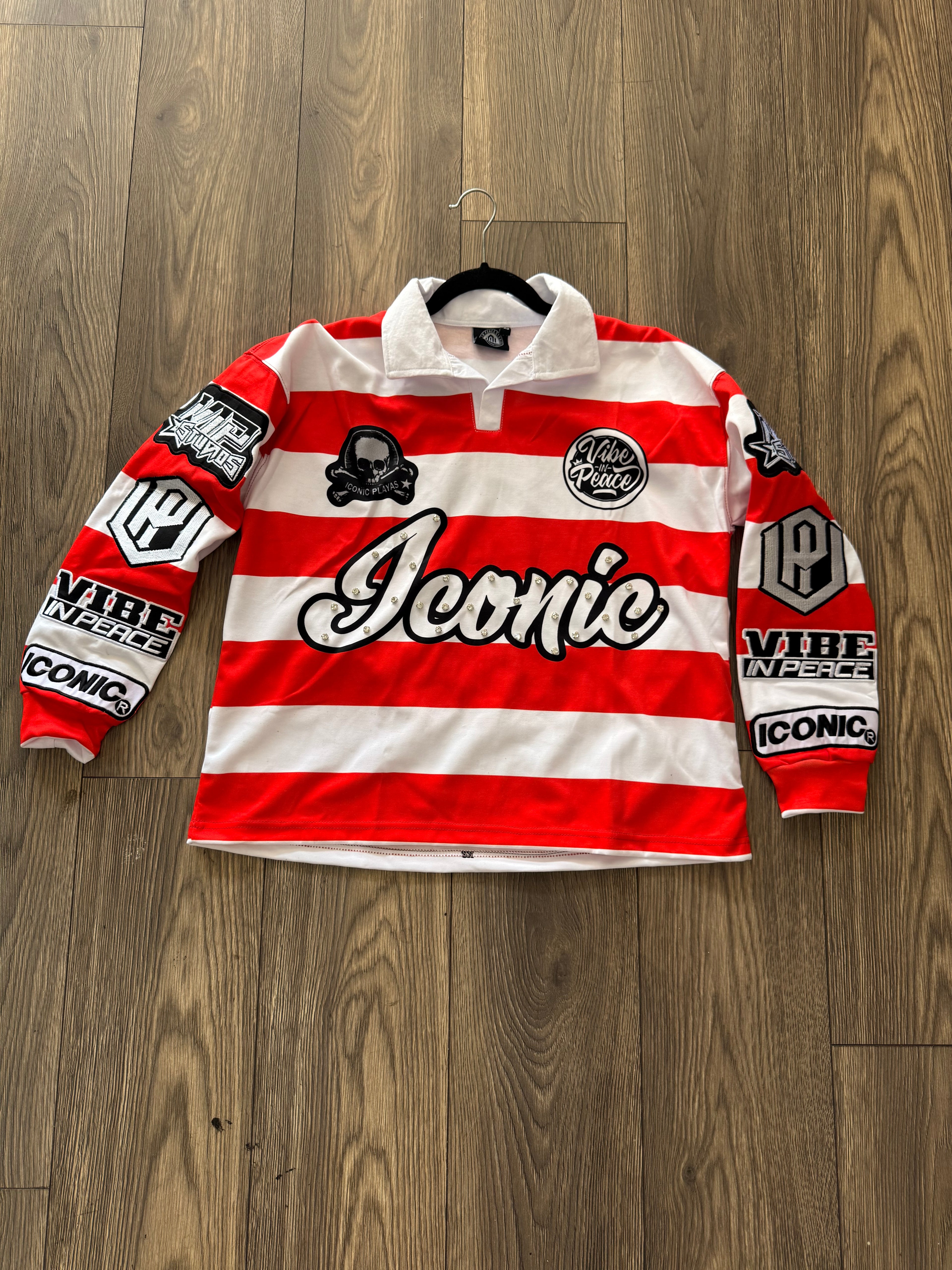 Iconic Rhinestone Striped Polo (Red)