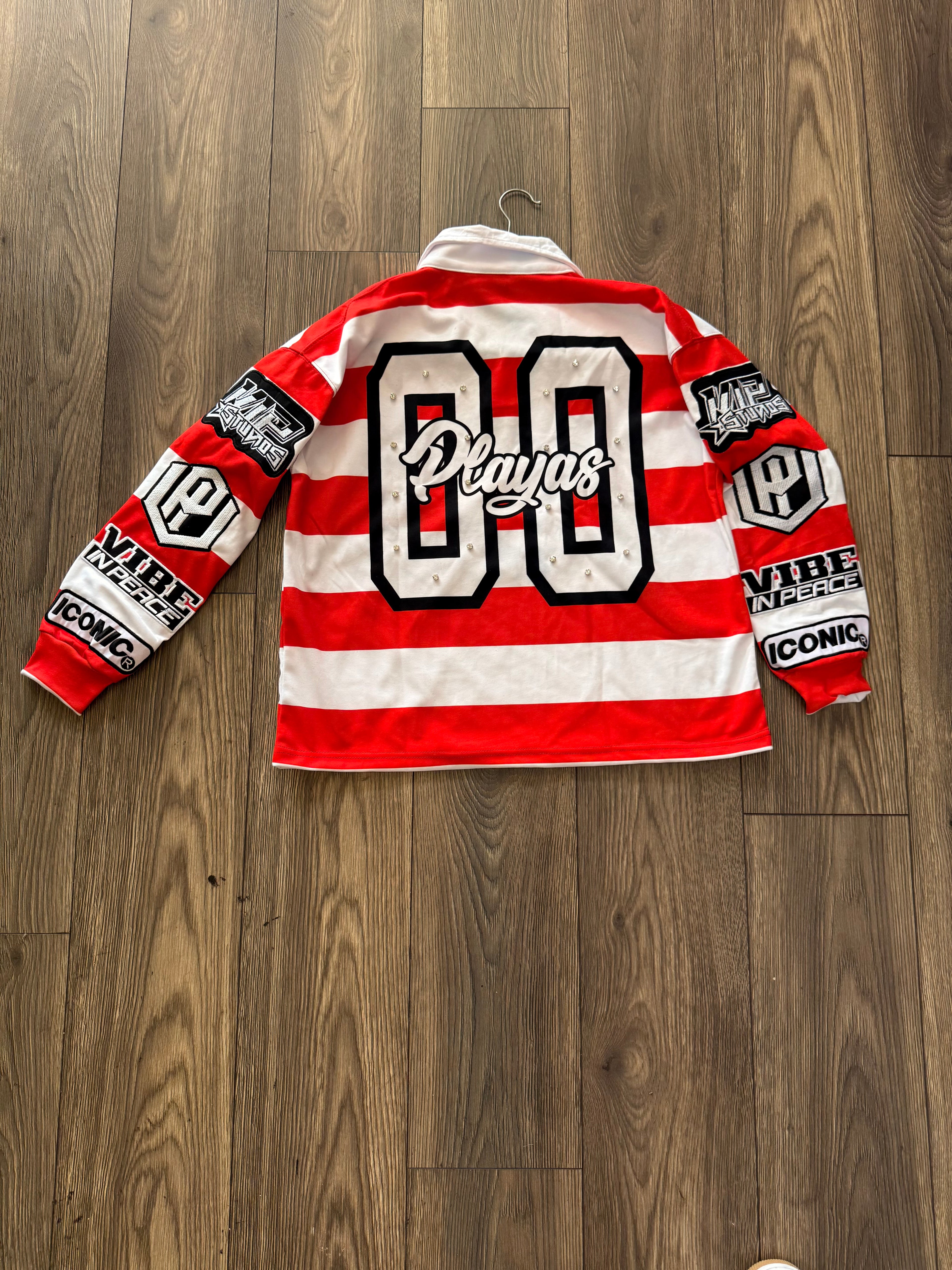 Iconic Rhinestone Striped Polo (Red)