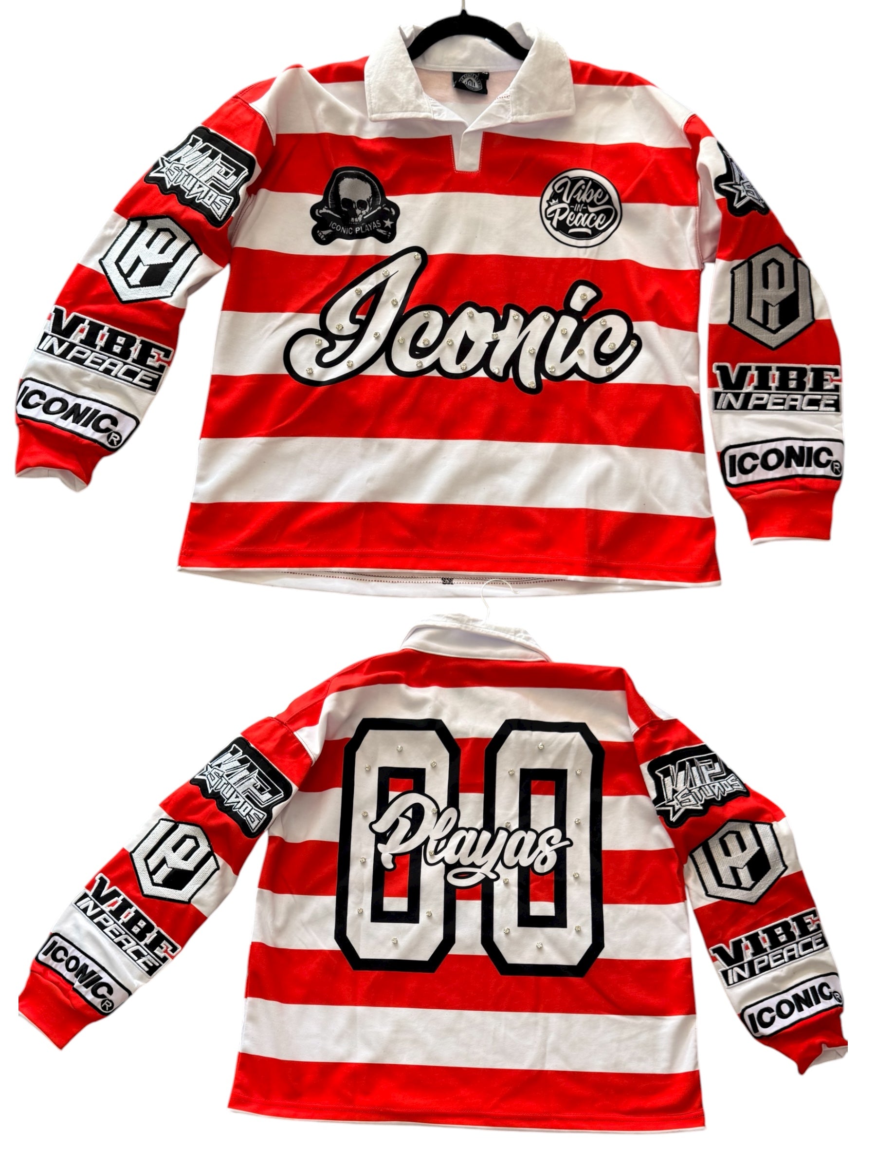 Iconic Rhinestone Striped Polo (Red)